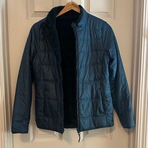 Athleta girl reversible teal puffer furry jacket size 16